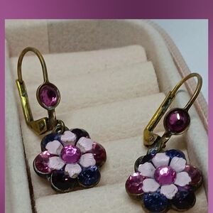 Sold Michal Negrin Floral Drop Earrings with Pink and Purple Crystal Accents
